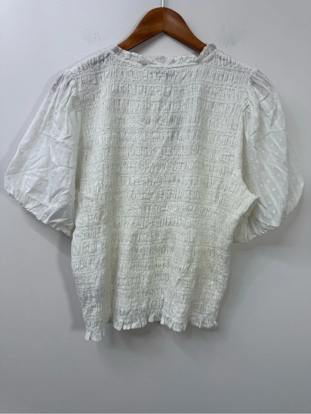 J. Crew White Smocked Puff-Sleeve Ruffle-Trim Blouse size XL